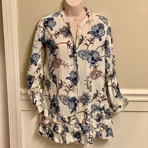 Sundance cream and navy print tunic w ruffle hem